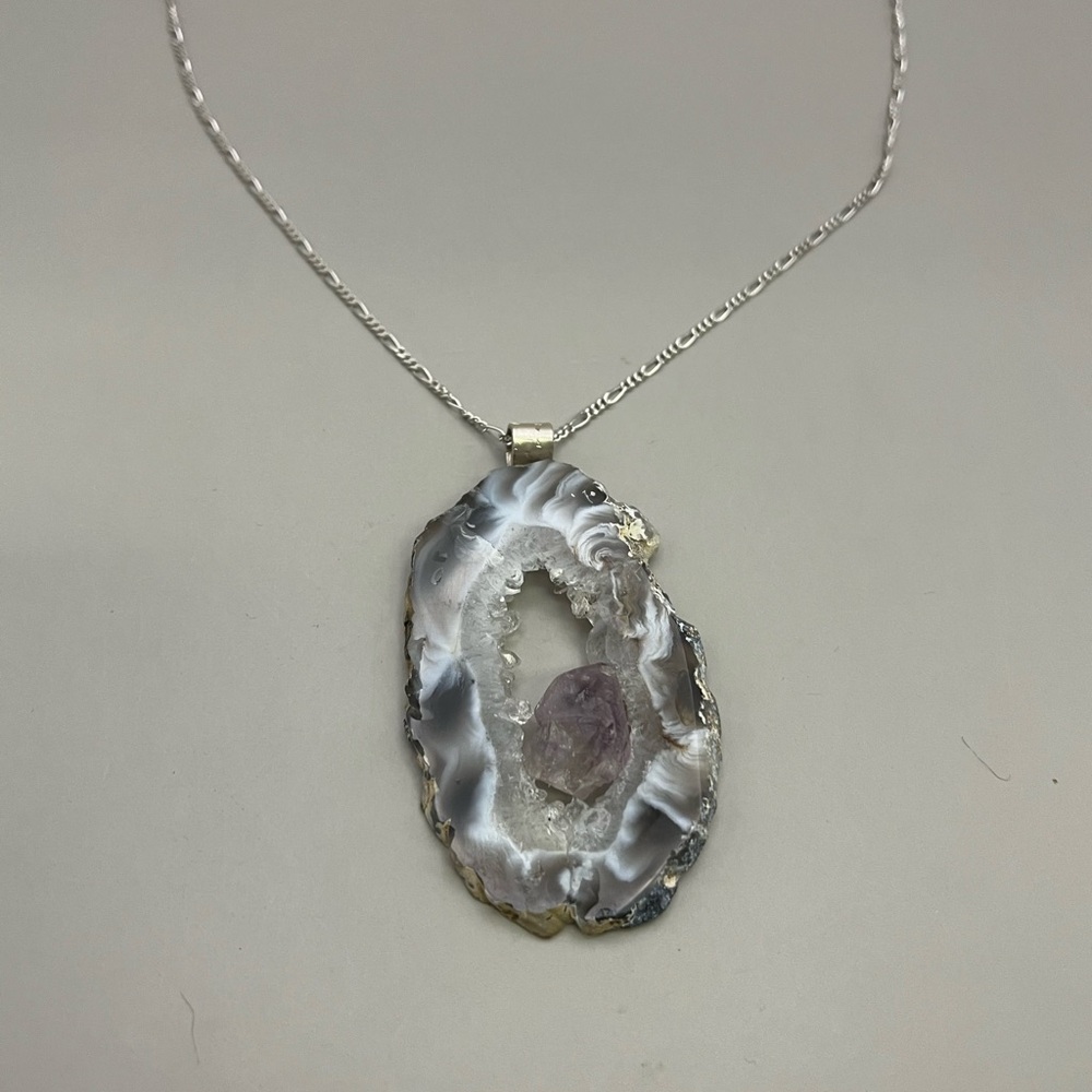 Purple and Silver Geode Banded Agate Slice Necklace - Picture 3 of 6
